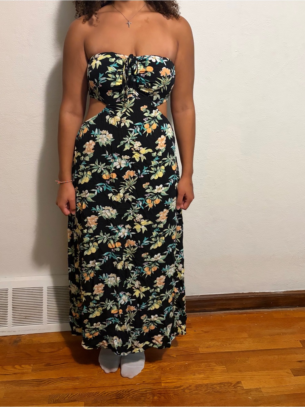 Forever 21 Black Floral Strapless Cutout Maxi Dress